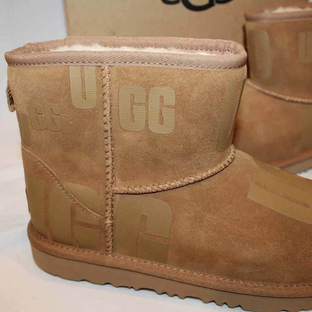 NIB UGG LOGO‎ MINI SUEDE SHEARLING LINED YOUTH GIRL'S BOOTS CHESTNUT